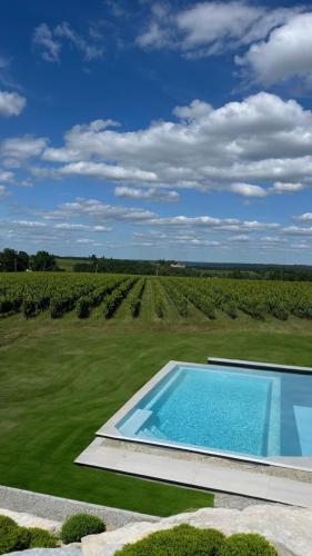 une piscine au milieu d'un champ de vignes dans l'établissement Le Coteau Des Sens, à Belvès-de-Castillon