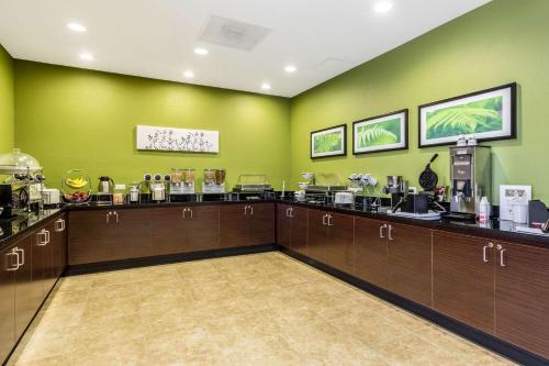 a coffee shop with green walls and wooden cabinets at Sleep Inn & Suites in Pleasanton