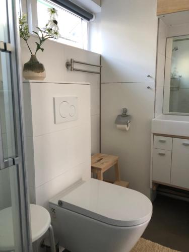 a white bathroom with a toilet and a window at DeZwarteRuiter in Callantsoog