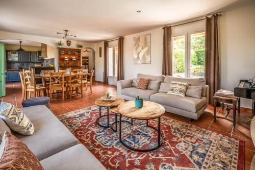 un salon avec un canapé et une table dans l'établissement L'Occitane ~ Piscine ~ Climatisation ~ Parking, à Carcassonne