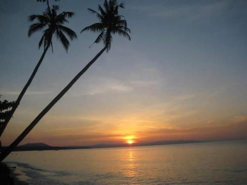 two palm trees on a beach at sunset at Yuken Mari Beach Resort Panglao in Panglao