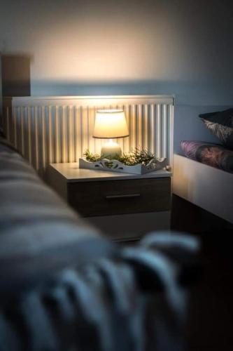 a lamp on a night stand next to a bed at Leśne Zacisze Sochy in Zwierzyniec