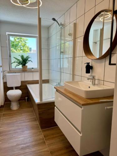 a bathroom with a sink and a tub and a toilet at Apartment am Ronhof in Fürth