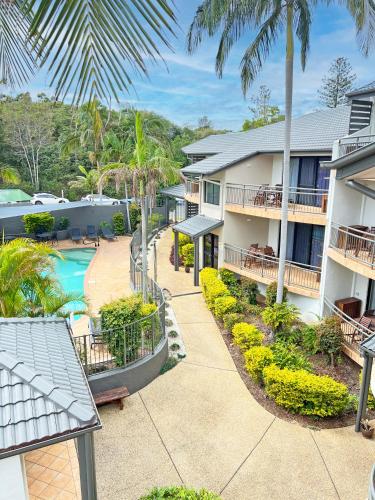 an aerial view of a resort with a swimming pool at Beaches Holiday Resort in Port Macquarie