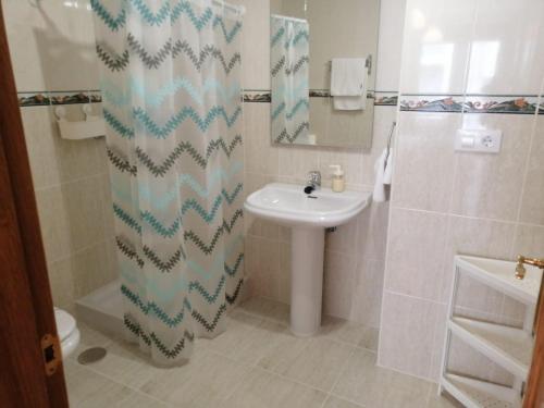 a bathroom with a sink and a shower curtain at La Posada de LLanes in Posada de Llanes
