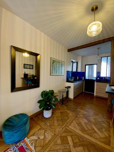 - un salon avec une plante en pot et un miroir dans l'établissement Buffon, à Paris