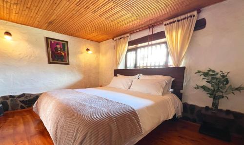 a bedroom with a large bed with a window at Hospedaje Villa Eucalyptus in Nobsa