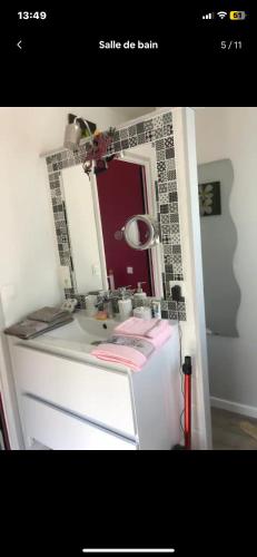 une salle de bain avec un lavabo et un miroir dans l'établissement Petite maison indépendante à la campagne, à Le Vigen