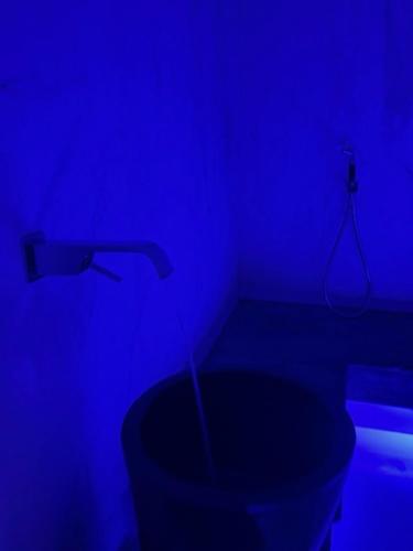 a dark bathroom with a toilet in a blue light at Hôtel WELLNESS EAU DE ROCHE Durbuy in Durbuy