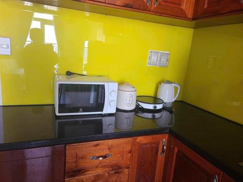 a kitchen with a counter top with a microwave at Cozy Apartment 2BR Hacom Phan Rang in Kinh Dinh