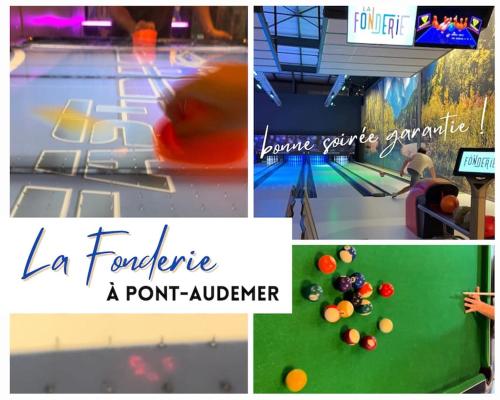 a collage of four pictures of a bowling game at Funny and Friendly - Billard et Suite in Pont-Audemer
