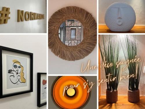 a collage of photos with a picture of a vase and a mirror at Sunny and Chill - les canaux de Pont-Audemer in Pont-Audemer