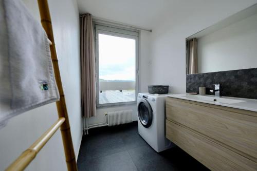 une salle de bain avec une machine à laver et un lavabo dans l'établissement Rouen Hypercentre - Seine en vue, à Rouen