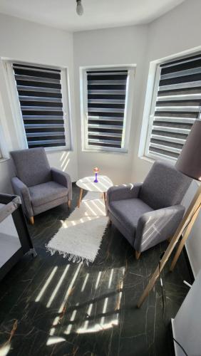 a living room with two chairs and a table at Apartmani Đorđević in Soko Banja