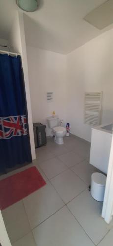 une salle de bain avec toilettes et rideau de douche dans l'établissement Résidences du Monde, à Moriani-Plage