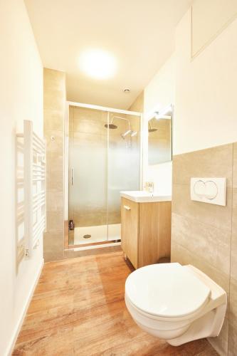 une salle de bain avec toilettes et douche dans l'établissement RT 0 - Charmant F3 - au RDC - 1 à 5 pers, à Mulhouse
