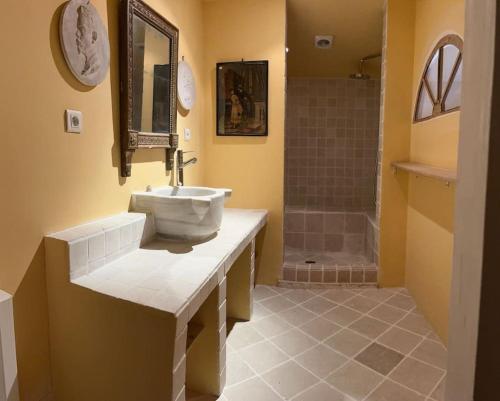 une salle de bain avec un lavabo et une douche dans l'établissement Dépendance Valensole, à Valensole