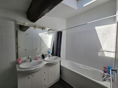 une salle de bain avec deux lavabos et un grand miroir dans l'établissement Le Duplex du marin nîmois - Une Nuit à Nîmes, à Nîmes
