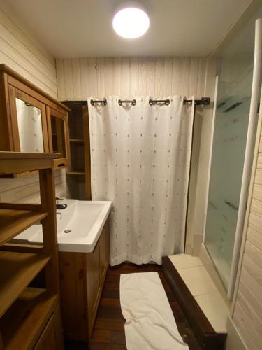 une salle de bain avec un rideau de douche et un lavabo dans l'établissement Le Ramengao, à Roquebrune-Cap-Martin