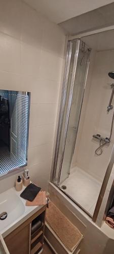 une salle de bain avec douche et lavabo dans l'établissement T3 Grand Balcon au coeur du vieux port, à Marseille