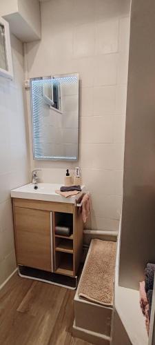 une salle de bain avec un lavabo et un miroir dans l'établissement T3 Grand Balcon au coeur du vieux port, à Marseille