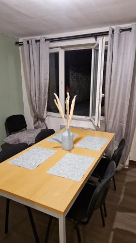 une table à manger avec des chaises et une fenêtre dans l'établissement Appartement meublé, à Roubaix