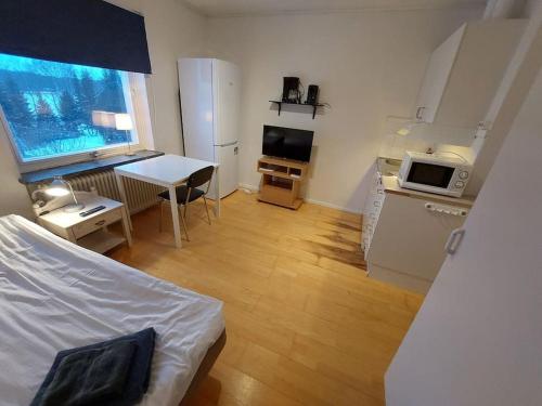 a small room with a bed and a kitchen at One room apartment close to nature and city in Bergviken