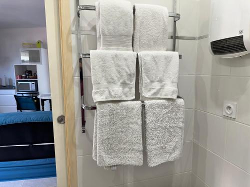 La salle de bains est pourvue de serviettes blanches suspendues à un porte-serviettes. dans l'établissement Proches Lacs Rivières Canal du Midi Mer Méditerranéenne, à Lézignan-Corbières