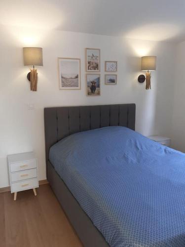 - une chambre avec un lit bleu et deux lampes murales dans l'établissement Succom'baie au cottage de la Maye, au Crotoy