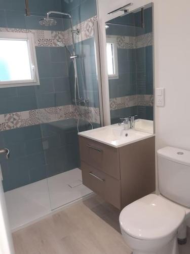 une salle de bain avec toilettes, douche et lavabo dans l'établissement Succom'baie au cottage de la Maye, au Crotoy