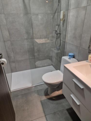 a bathroom with a shower and a toilet and a sink at City Rooms Szczecin in Szczecin