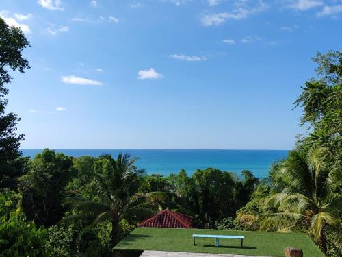 a bench in a park with the ocean in the background at Corcovado Green Cabin & House in Drake