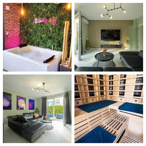 a collage of four pictures of a living room at Private Baltic Spa & Art Suite in Dziwnów