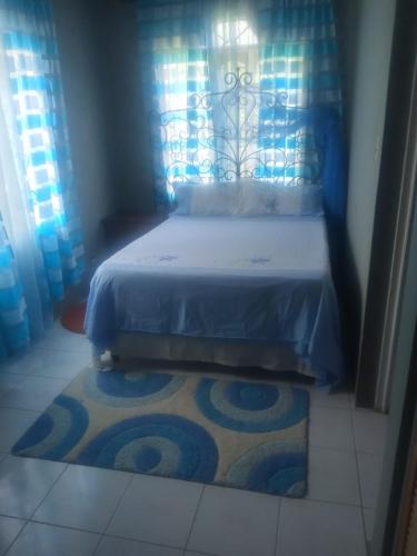 a bedroom with a bed with a blue curtain and a rug at Mumatt’s Guesthouse in Port Antonio