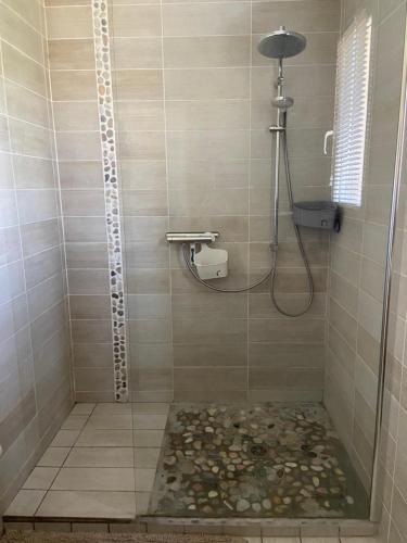 une salle de bain avec douche à galets dans l'établissement Villa tout confort Piscine et Spa Côte d'Azur 6 personnes, à Puget-sur Argens
