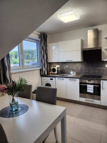 a kitchen with white cabinets and a table with chairs at Wellness Apartmány EMPORIO in Loštice