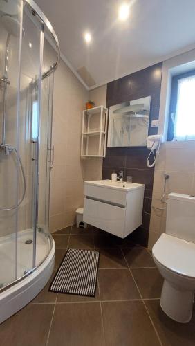 een badkamer met douche, wastafel en toilet bij Apartments Lucija-Klara in Brodarica
