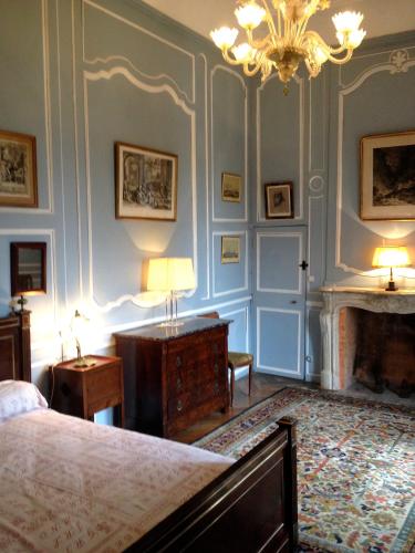 - une chambre avec un lit, une cheminée et un lustre dans l'établissement Chateau De La Chassaigne, à Thiers