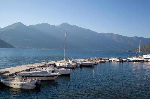 a group of boats docked at a dock in the water at La Torretta "I Gabbiani" sul Lago Maggiore in Maccagno Inferiore