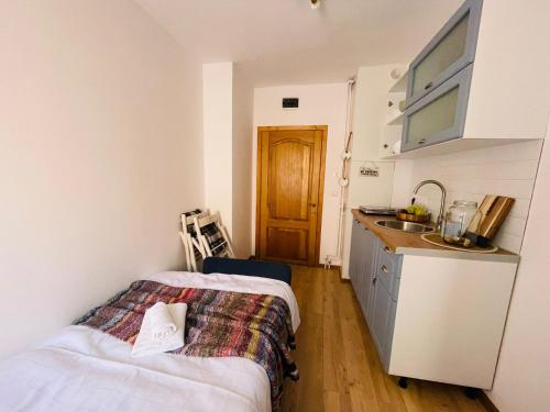 a small kitchen with a bed and a sink at Vamesu Frontiers in Sibiu