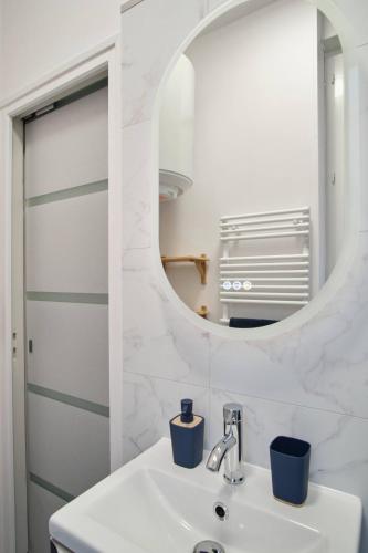 une salle de bain avec un lavabo et un miroir dans l'établissement Superbe appartement proche cathédrale, à Reims