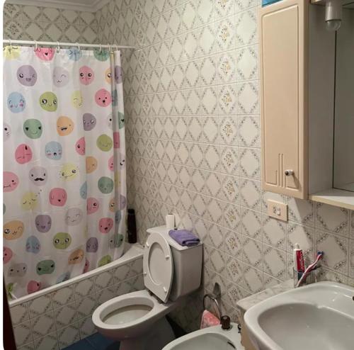 カルバジーニョにあるPISO ARTUR rúa asturesesのトイレとシャワーカーテン付きのバスルーム