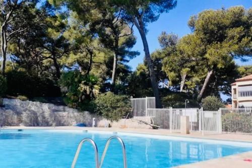une piscine d'eau bleue et d'arbres dans l'établissement Studio avec Piscine Parking à 250 m de la plage, à La Seyne-sur-Mer