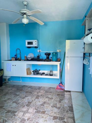 a kitchen with blue walls and a white refrigerator at The Big Blue Condo in Soufrière