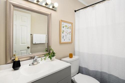 a bathroom with a sink and a toilet and a mirror at The Modern Elm Escape a cozy 2bd in the Heights in Peoria Heights