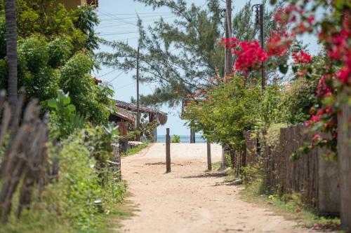 a dirt road with flowers and a building at Arrey Boutique Hotel in Barra Grande