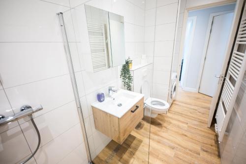 a white bathroom with a sink and a toilet at Villapark in Rotterdam