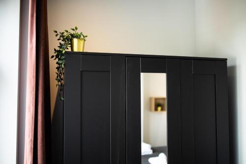 a black cabinet with a plant on top of it at Villapark in Rotterdam