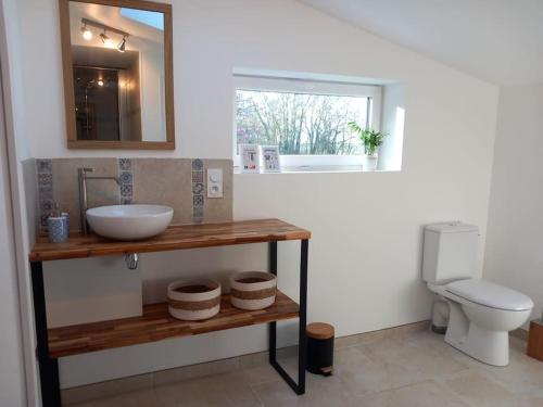 un bagno con lavandino e WC di La petite maison dans la prairie a Lamballe Armor