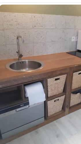 une cuisine avec un évier et un plan de travail dans l'établissement Appartement très proche mer Rez de jardin 5 pers, à Notre-Dame-de-Monts